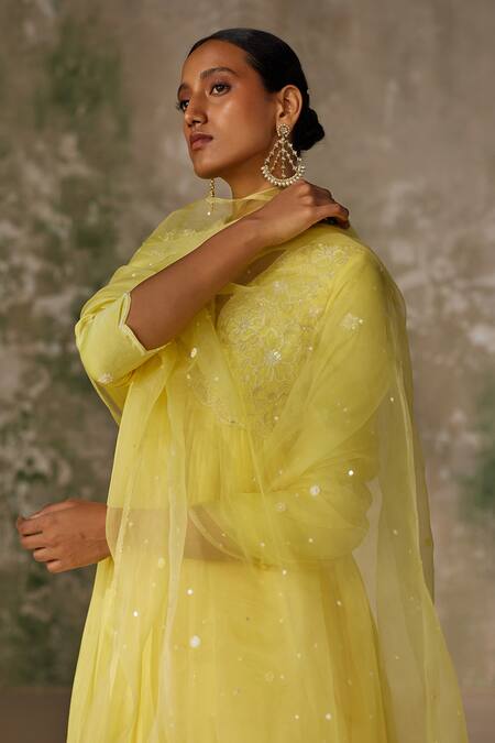 Zoon Yellow , Cotton, Crepe, Organza Floral Embroidered Pleated Anarkali Set at Aza Fashions Zoon_Yellow , Cotton, Crepe, Organza Floral Embroidered Pleated Anarkali Set _at_Aza_Fashions