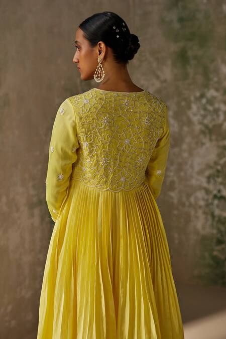 Shop Zoon Yellow , Cotton, Crepe, Organza Floral Embroidered Pleated Anarkali Set Shop_Zoon_Yellow , Cotton, Crepe, Organza Floral Embroidered Pleated Anarkali Set