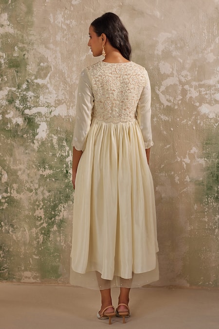 Shop Zoon Cream , Cotton, Organza Sequins, Aari Embroidered Pleated Anarkali Set at Aza Fashions Shop_Zoon_Cream , Cotton, Organza Sequins, Aari Embroidered Pleated Anarkali Set _at_Aza_Fashions