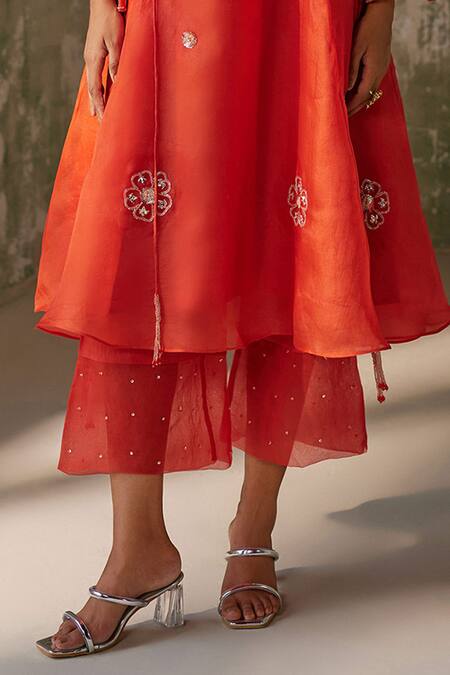 Buy Zoon Red Silk Organza, Cotton Sequins, Beads, Embroidery V-neck Kurta Set Online at Aza Fashions Buy_Zoon_Red Silk Organza, Cotton Sequins, Beads, Embroidery V-neck Kurta Set _Online_at_Aza_Fashions