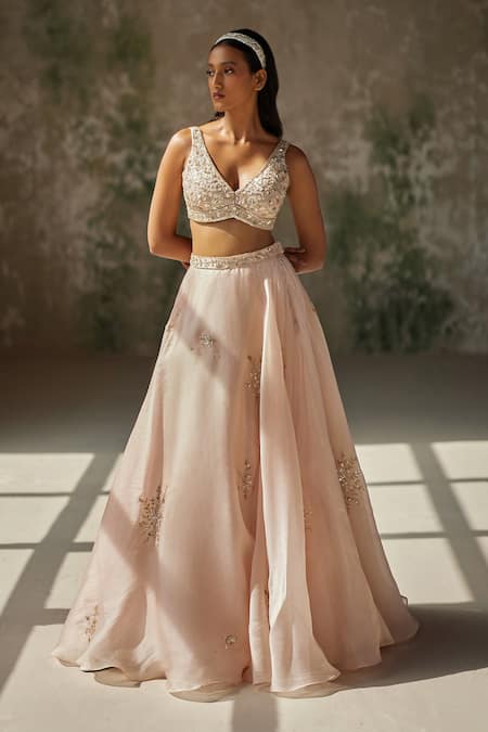 Buy Zoon Pink Silk Organza, Crepe Sequins, Embroidery V-neck Aari Skirt Blouse Set Online at Aza Fashions Buy_Zoon_Pink Silk Organza, Crepe Sequins, Embroidery V-neck Aari Skirt Blouse Set _Online_at_Aza_Fashions