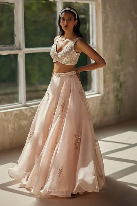 Shop Zoon Pink Silk Organza, Crepe Sequins, Embroidery V-neck Aari Skirt Blouse Set Online at Aza Fashions Shop_Zoon_Pink Silk Organza, Crepe Sequins, Embroidery V-neck Aari Skirt Blouse Set _Online_at_Aza_Fashions