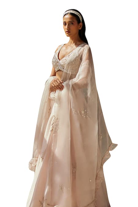 Buy Zoon Pink Silk Organza, Crepe Sequins, Embroidery V-neck Aari Skirt Blouse Set Buy_Zoon_Pink Silk Organza, Crepe Sequins, Embroidery V-neck Aari Skirt Blouse Set