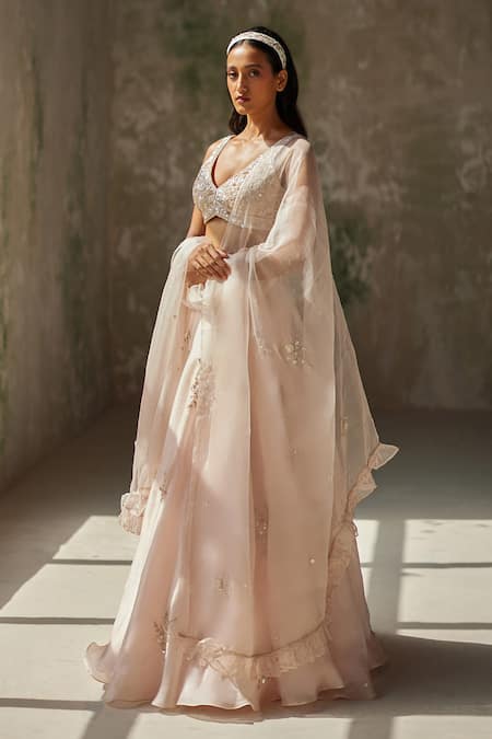 Shop Zoon Pink Silk Organza, Crepe Sequins, Embroidery V-neck Aari Skirt Blouse Set Shop_Zoon_Pink Silk Organza, Crepe Sequins, Embroidery V-neck Aari Skirt Blouse Set