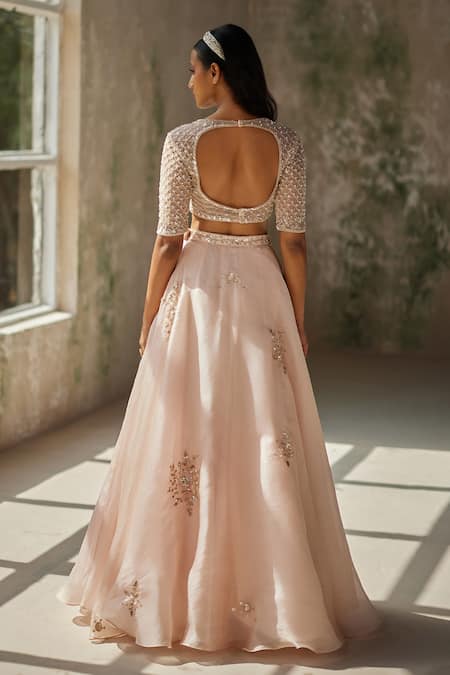 Shop_Zoon_Pink Silk Organza, Crepe Sequins, Embroidery V-neck Aari Hand Skirt Blouse Set _at_Aza_Fashions