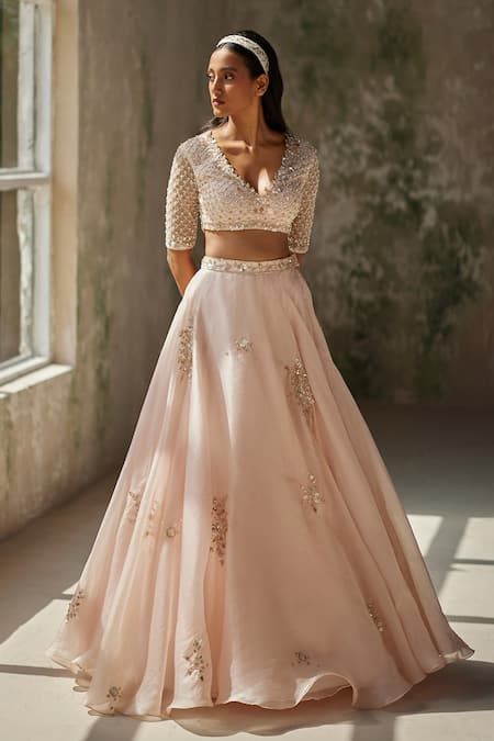 Zoon_Pink Silk Organza, Crepe Sequins, Embroidery V-neck Aari Hand Skirt Blouse Set _Online_at_Aza_Fashions