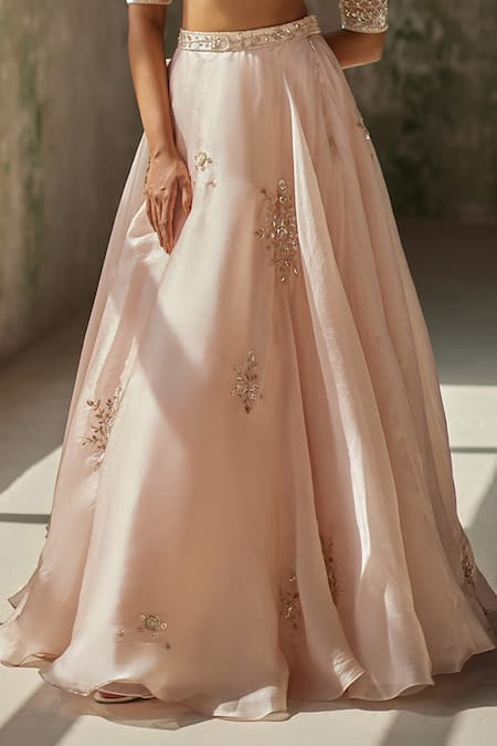 Buy_Zoon_Pink Silk Organza, Crepe Sequins, Embroidery V-neck Aari Hand Skirt Blouse Set _Online_at_Aza_Fashions