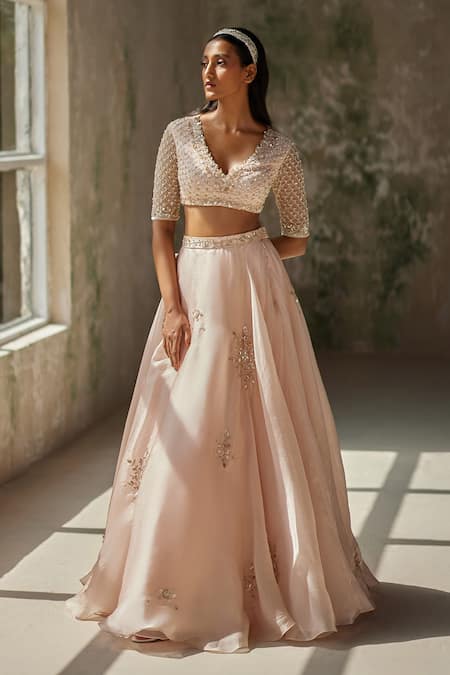 Shop_Zoon_Pink Silk Organza, Crepe Sequins, Embroidery V-neck Aari Hand Skirt Blouse Set _Online_at_Aza_Fashions