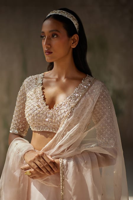 Buy_Zoon_Pink Silk Organza, Crepe Sequins, Embroidery V-neck Aari Hand Skirt Blouse Set 