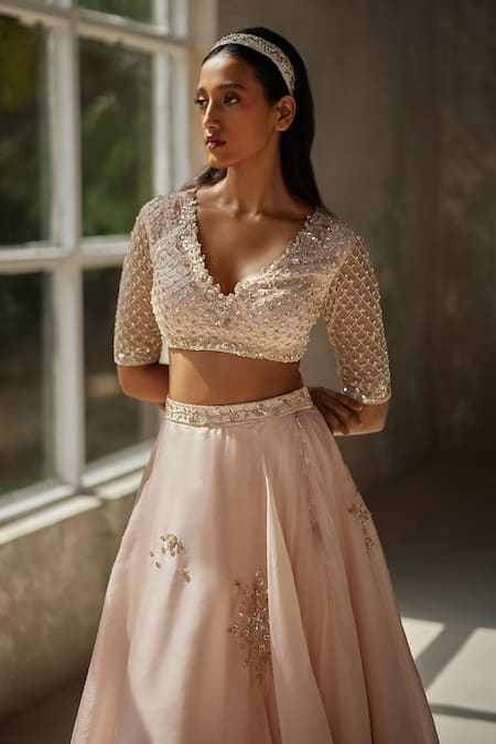 Shop_Zoon_Pink Silk Organza, Crepe Sequins, Embroidery V-neck Aari Hand Skirt Blouse Set 