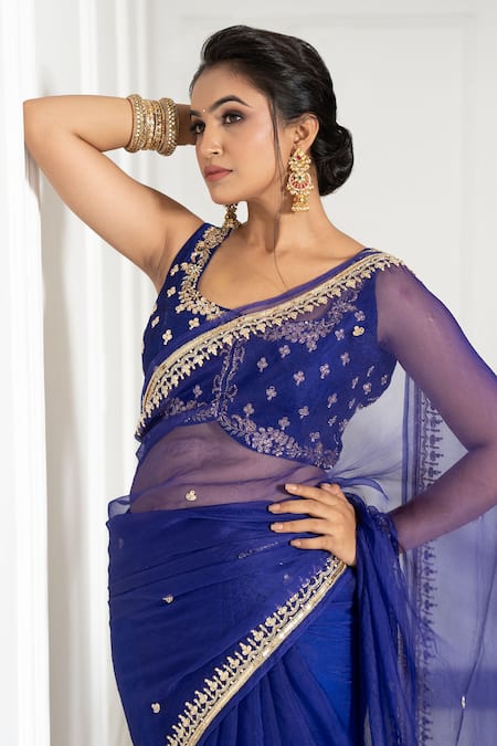 Gul By Aishwarya_Blue Organza, Embroidery Square Neck Border Saree With Blouse _Online_at_Aza_Fashions