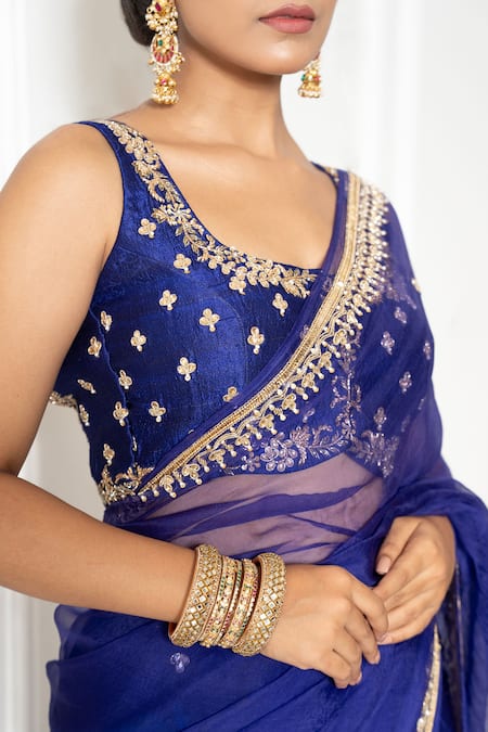 Shop_Gul By Aishwarya_Blue Organza, Embroidery Square Neck Border Saree With Blouse _Online_at_Aza_Fashions