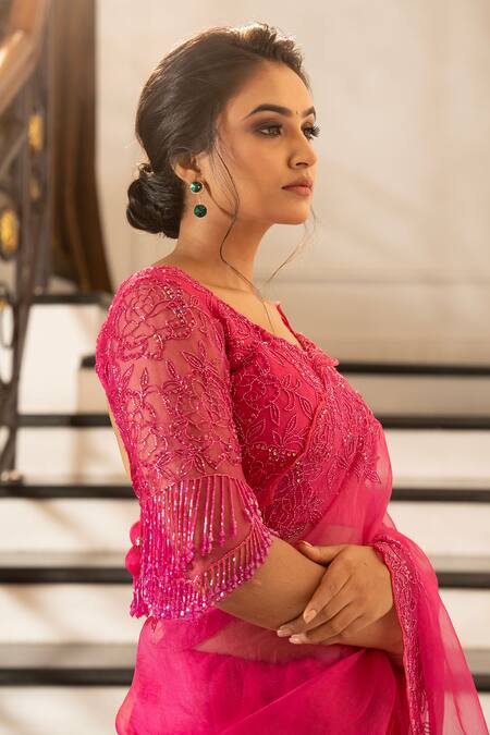 Gul By Aishwarya_Fuchsia Silk Organza Tassels Aari Embroidered Cutwork Saree With Blouse _Online_at_Aza_Fashions