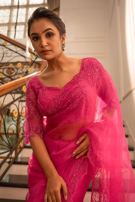 Buy_Gul By Aishwarya_Fuchsia Silk Organza Tassels Aari Embroidered Cutwork Saree With Blouse _Online_at_Aza_Fashions