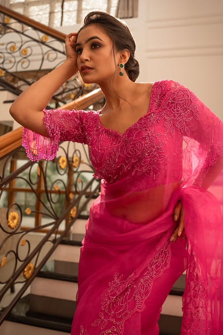 Shop_Gul By Aishwarya_Fuchsia Silk Organza Tassels Aari Embroidered Cutwork Saree With Blouse _Online_at_Aza_Fashions