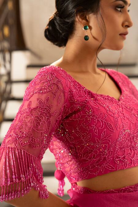 Buy_Gul By Aishwarya_Fuchsia Silk Organza Tassels Aari Embroidered Cutwork Saree With Blouse 