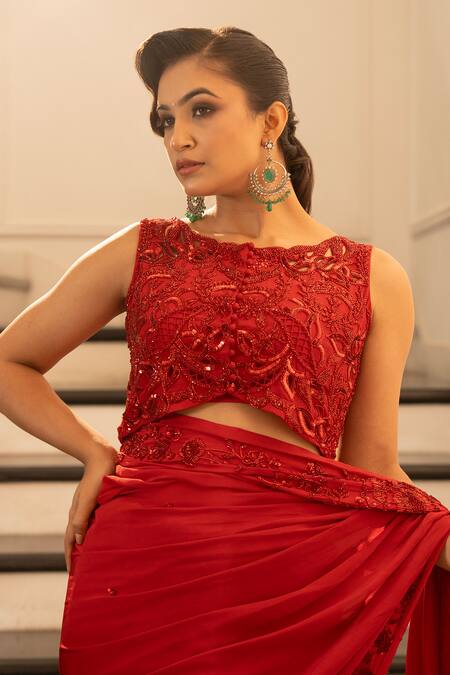 Gul By Aishwarya Maroon Organza, Satin, Cut Work, Embroidery, Cutwork Saree With Blouse Online at Aza Fashions Gul By Aishwarya_Maroon Organza, Satin, Cut Work, Embroidery, Cutwork Saree With Blouse _Online_at_Aza_Fashions