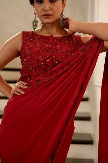 Shop Gul By Aishwarya Maroon Organza, Satin, Cut Work, Embroidery, Cutwork Saree With Blouse Online at Aza Fashions Shop_Gul By Aishwarya_Maroon Organza, Satin, Cut Work, Embroidery, Cutwork Saree With Blouse _Online_at_Aza_Fashions