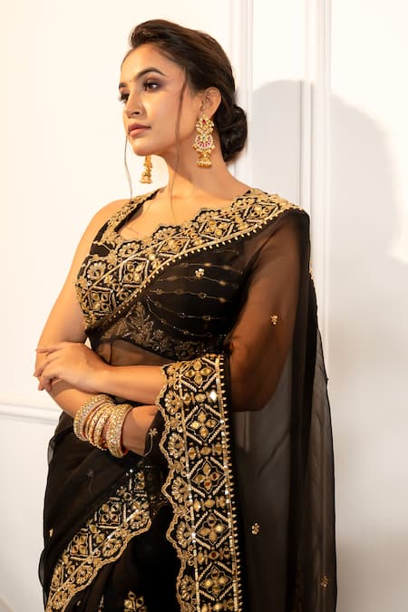 Gul By Aishwarya_Black Organza, Satin, Embroidery Aari Border Saree With Blouse _Online_at_Aza_Fashions