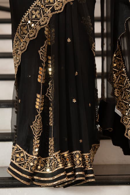 Gul By Aishwarya_Black Organza, Satin, Embroidery Aari Border Saree With Blouse _at_Aza_Fashions