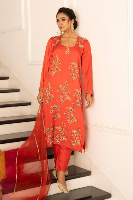 Shop_Gul By Aishwarya_Red Satin, Silk, Chiffon Sequins, Zari Round Zardosi Embroidered Kurta Pant Set _Online_at_Aza_Fashions