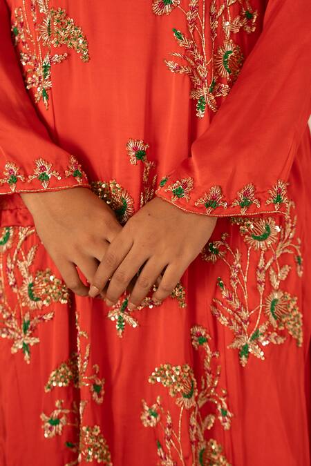 Gul By Aishwarya_Red Satin, Silk, Chiffon Sequins, Zari Round Zardosi Embroidered Kurta Pant Set _at_Aza_Fashions