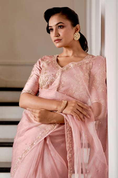 Gul By Aishwarya_Pink Satin, , Organza Embroidery V-neck Nakshi Pitta Saree With Blouse _Online_at_Aza_Fashions