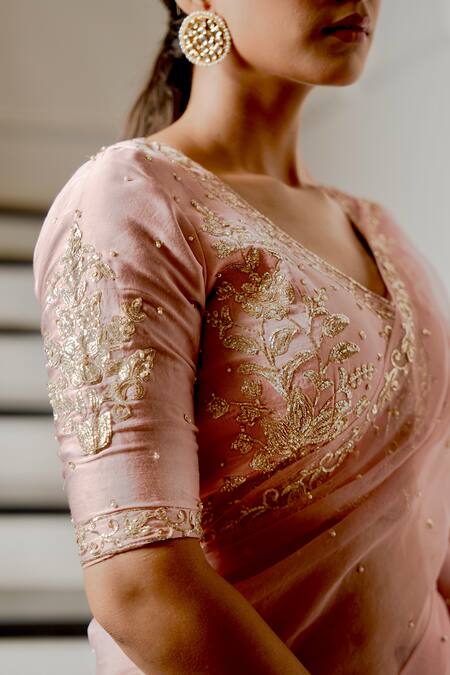 Buy_Gul By Aishwarya_Pink Satin, , Organza Embroidery V-neck Nakshi Pitta Saree With Blouse _Online_at_Aza_Fashions
