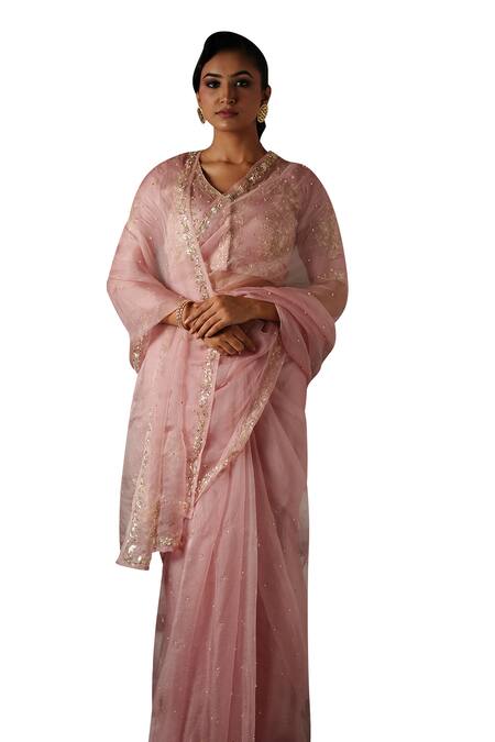 Shop_Gul By Aishwarya_Pink Satin, , Organza Embroidery V-neck Nakshi Pitta Saree With Blouse _Online_at_Aza_Fashions