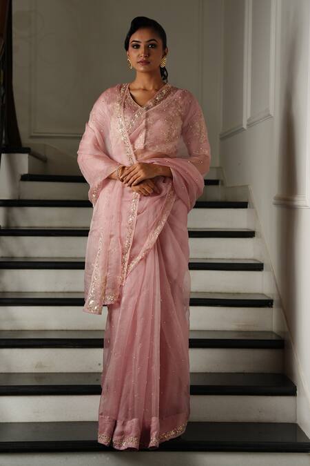 Gul By Aishwarya_Pink Satin, , Organza Embroidery V-neck Nakshi Pitta Saree With Blouse _at_Aza_Fashions