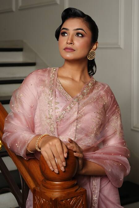 Buy_Gul By Aishwarya_Pink Satin, , Organza Embroidery V-neck Nakshi Pitta Saree With Blouse 