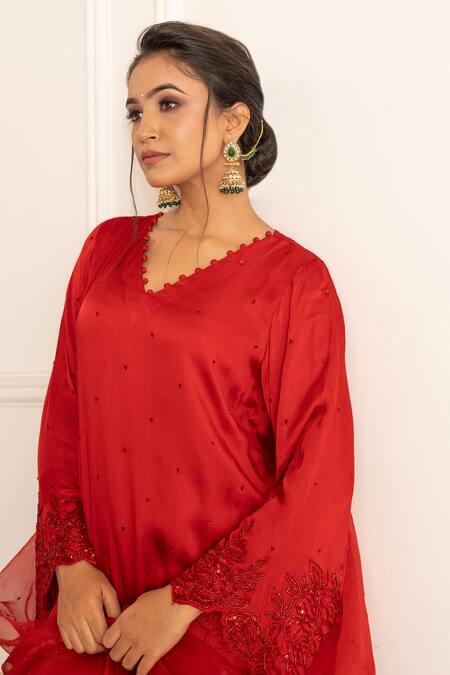 Gul By Aishwarya_Maroon Satin, Silk, Chiffon Embroidery, Applique Rose Motif Kurta Pant Set _Online_at_Aza_Fashions