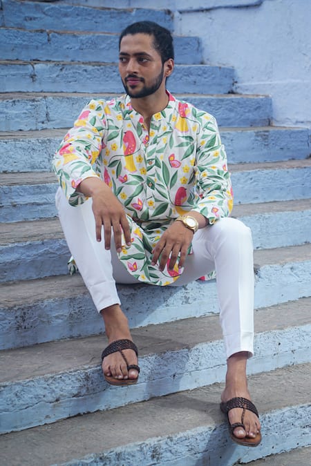 Kalp White Cotton Blossom Elegance Ensemble Print Kurta With Pant at Aza Fashions Kalp_White Cotton Blossom Elegance Ensemble Print Kurta With Pant _at_Aza_Fashions