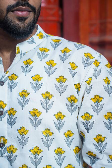 Shop Kalp White Cotton Embroidery Misty Vision Print Kurta With Pant Online at Aza Fashions Shop_Kalp_White Cotton Embroidery Misty Vision Print Kurta With Pant _Online_at_Aza_Fashions