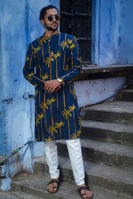 Kalp Blue Cotton Print Bamboo Summer Palm Kurta With Pant 