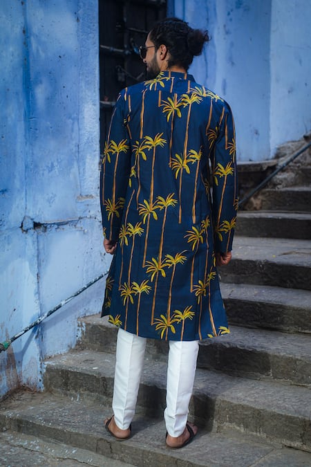 Kalp Navy Bamboo Print Kurta Set 