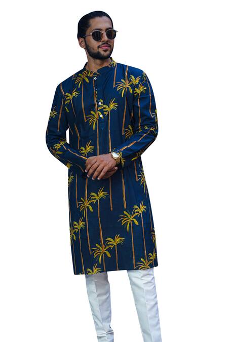 Kalp_Blue Cotton Navy Bamboo Print Kurta Set _Online_at_Aza_Fashions