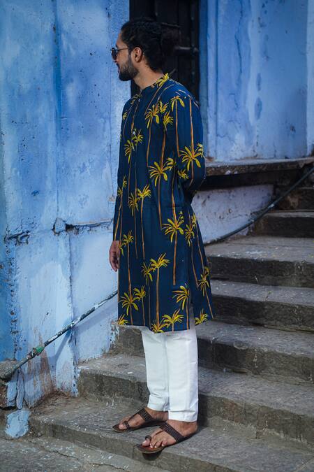 Shop_Kalp_Blue Cotton Navy Bamboo Print Kurta Set _Online_at_Aza_Fashions