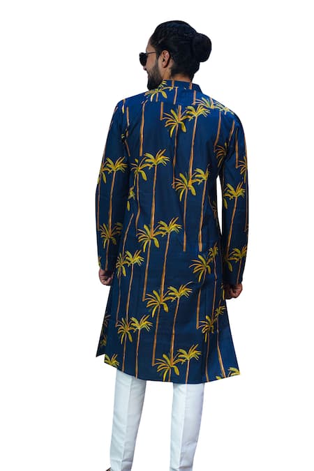 Kalp_Blue Cotton Navy Bamboo Print Kurta Set _at_Aza_Fashions
