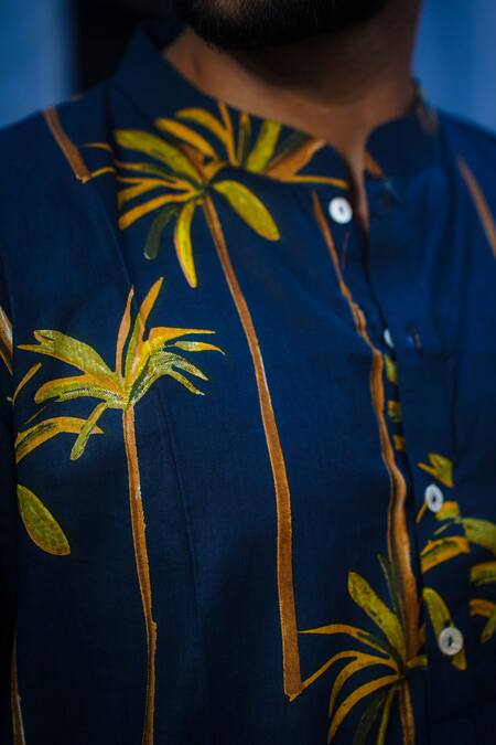 Buy_Kalp_Blue Cotton Navy Bamboo Print Kurta Set 