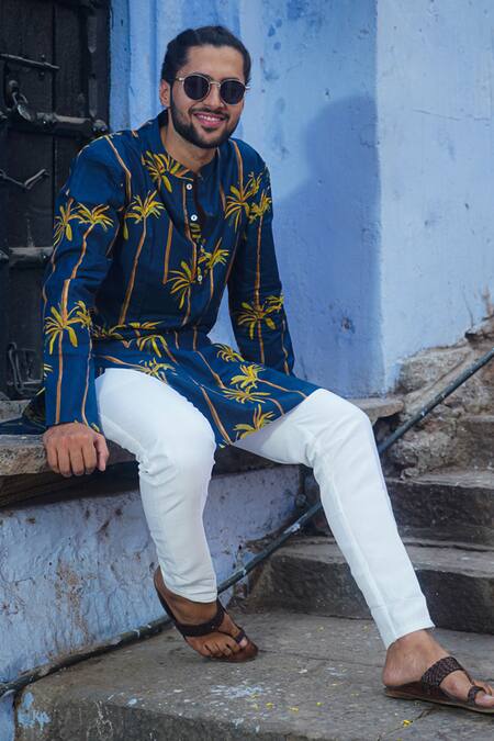 Shop_Kalp_Blue Cotton Navy Bamboo Print Kurta Set 
