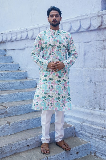 Kalp Sky Blue Cotton Print Floral Muted Kurta With Pant 