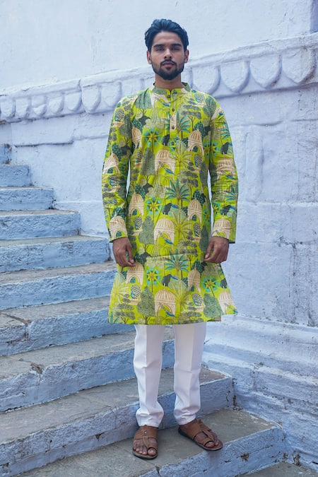 Kalp Green Cotton Print Peacock Garden Kurta With Pant 