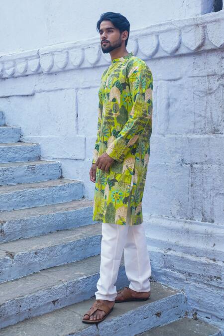 Kalp_Green Cotton Embroidery Peacock Garden Print Kurta With Pant _Online_at_Aza_Fashions