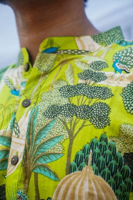 Buy_Kalp_Green Cotton Embroidery Peacock Garden Print Kurta With Pant _Online_at_Aza_Fashions