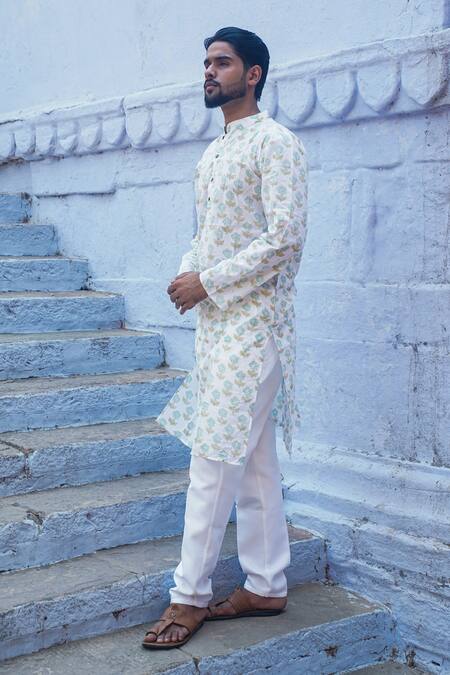 Kalp_White Cotton Embroidery Crystal Petal Print Kurta With Pant _Online_at_Aza_Fashions