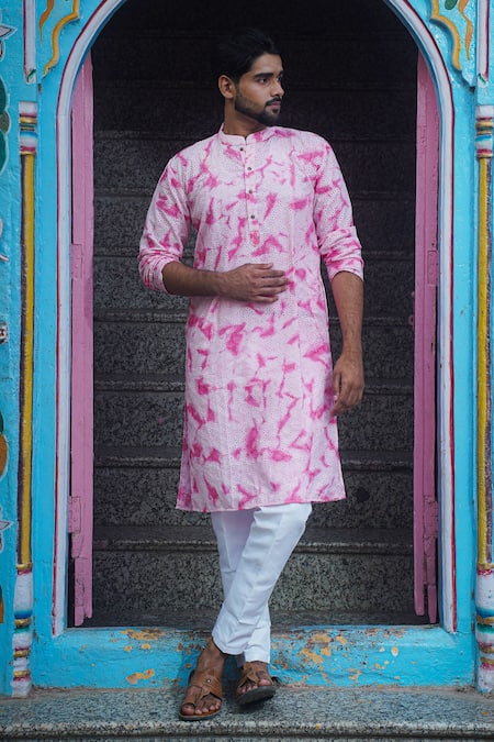 Kalp Pink Cotton Plain Tie Dye Paradise Kurta With Pant 