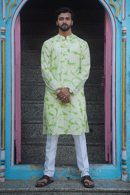 Kalp Green Cotton Plain Tie Dye Print Kurta With Pant 