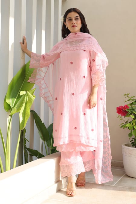 ASRUMO Bloom & Lace Embroidered Kurta Pant Set 