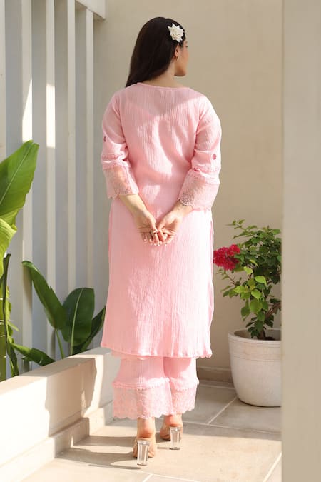 Shop ASRUMO Pink , Satin, Kota Doria Lace, Embroidery Bloom And Kurta Pant Set at Aza Fashions Shop_ASRUMO_Pink , Satin, Kota Doria Lace, Embroidery Bloom And Kurta Pant Set _at_Aza_Fashions